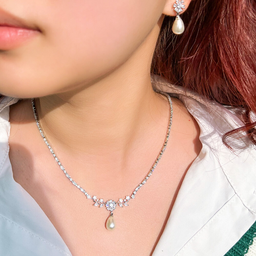 Top Silver Plated CZ Flower Leaf Tennis Pearl Drop Necklace Earrings Jewelry Set