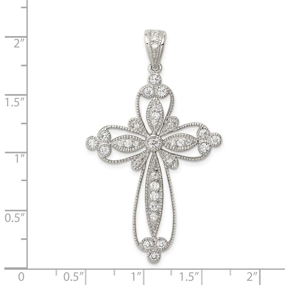 Sterling Silver Rhodium-Plated CZ Filigree Cross Pendant