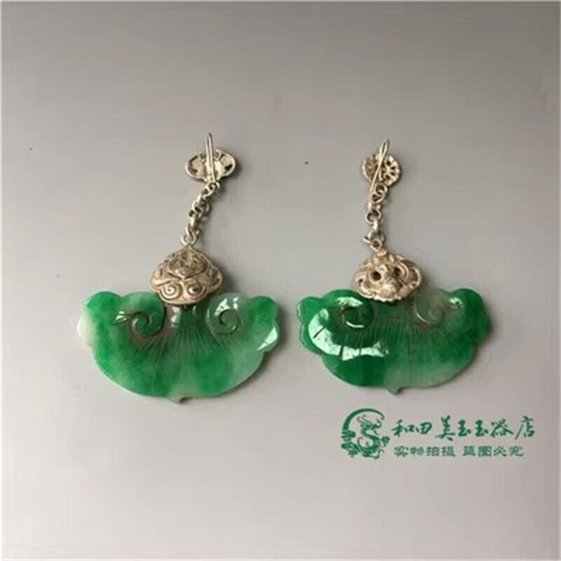 Chinese Antique Tibetan Silver Inlaid Natural Jade Earrings Lucky Jewelry Gifts
