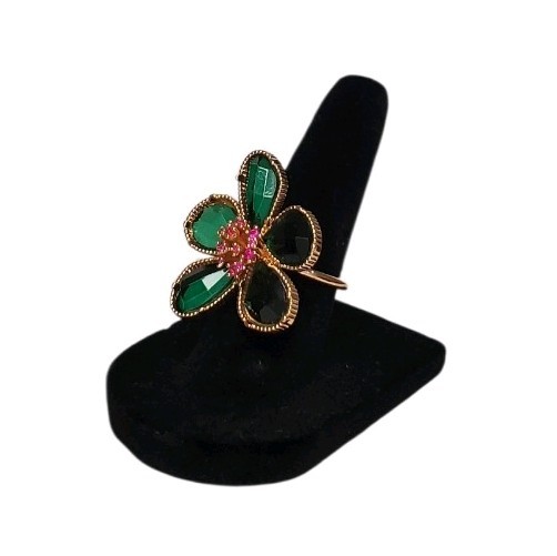 Estate Gold-Tone Green Coated Glass & Pink Spinel Flower Ring Size 6 (Approx.)