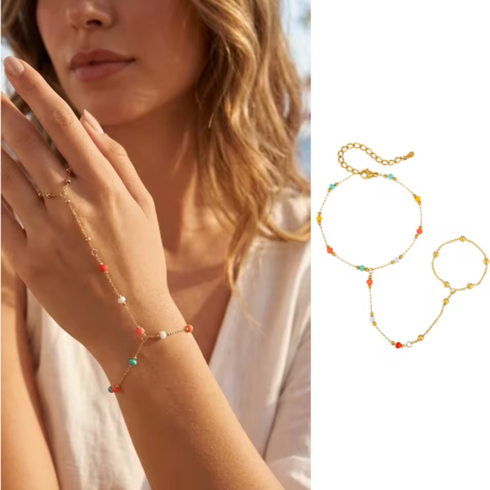 Bohemian Bead Slave Bracelet Gold Plated Hand Harness Ring Chain Jewelry