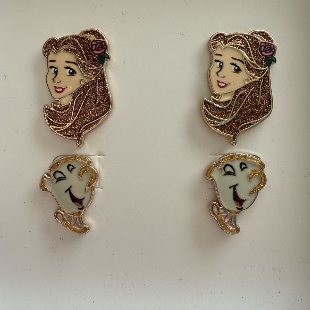 Disney BaubleBar Beauty and the Beast Belle Chip Earring Set Gold Tone Enamel