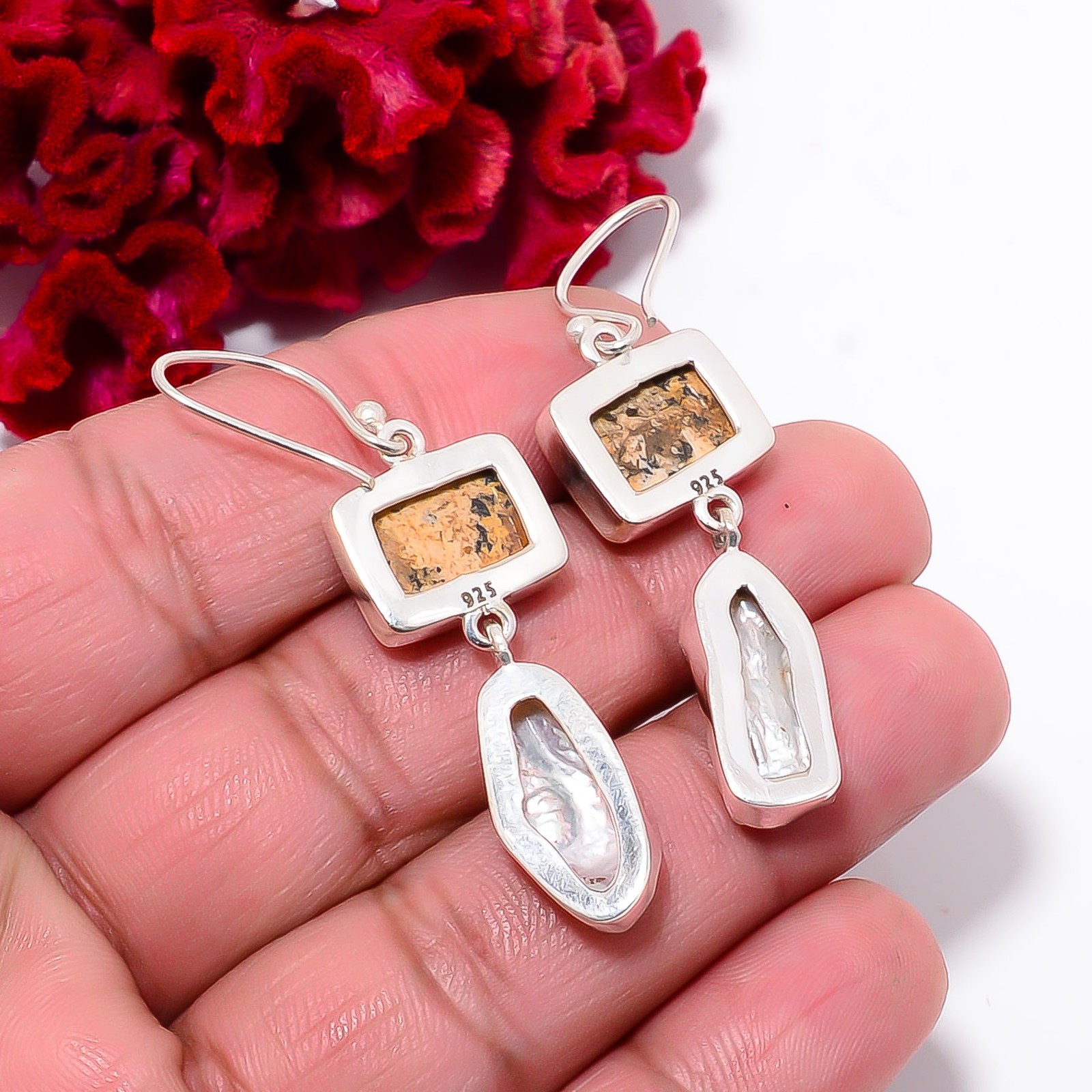 Picture Jasper & Biwa Pearl 925 Sterling Silver Danglers Earring 2.03″ E55