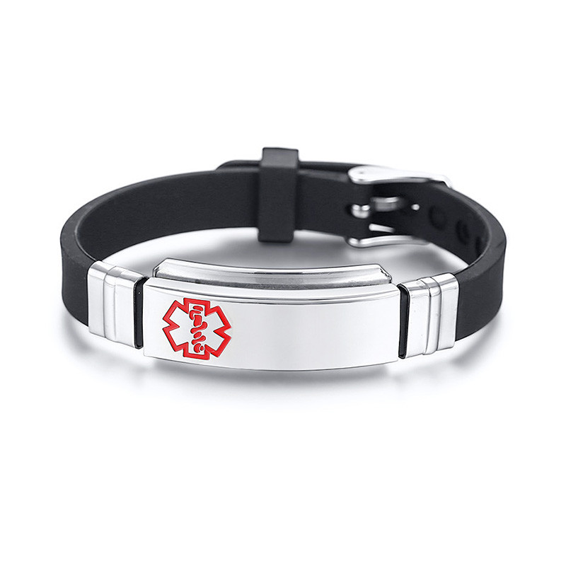 Free Engraving Medical Alert ID Women Men Kids Bracelet Black Silicone Wristband