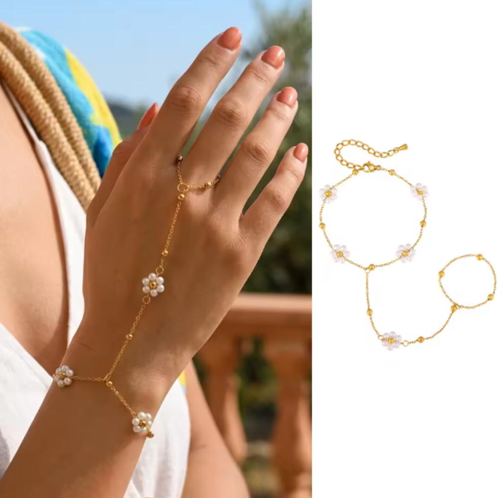 Bohemian Bead Slave Bracelet Gold Plated Hand Harness Ring Chain Jewelry
