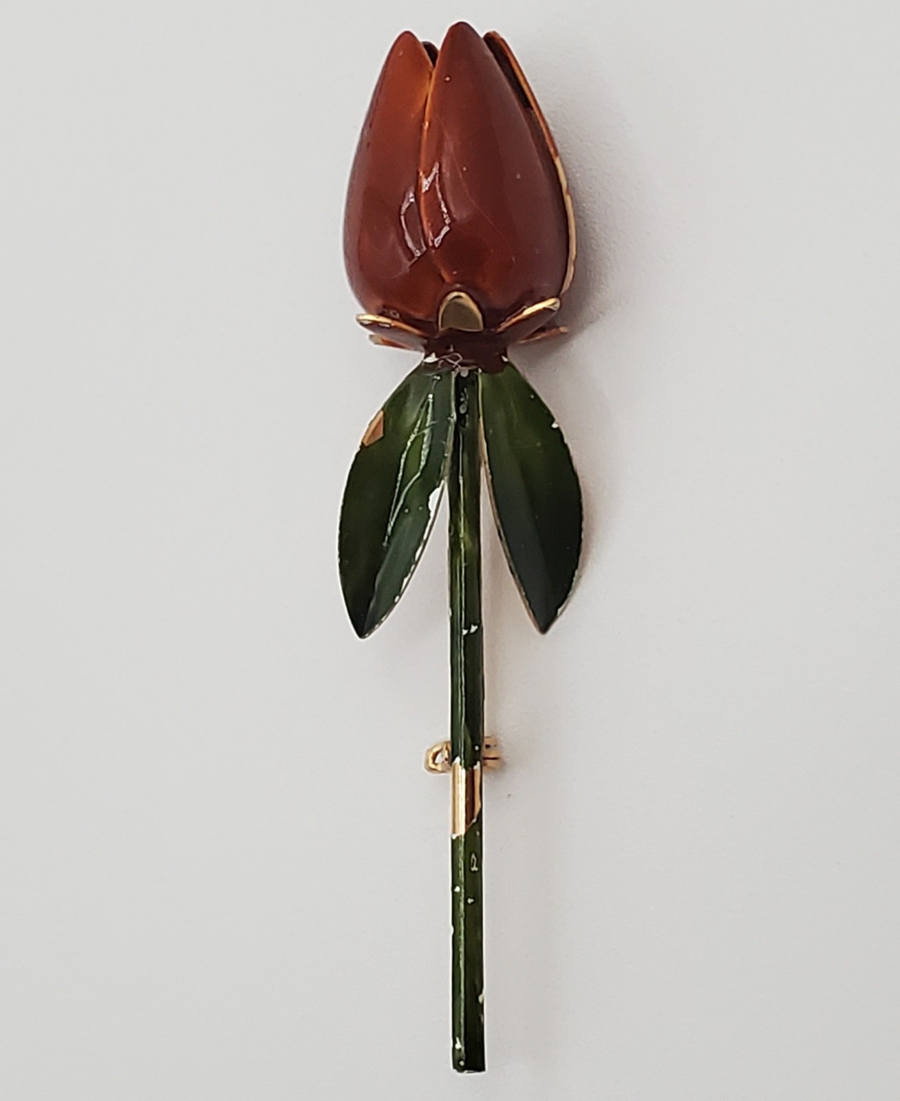 VTG Tulip Brooch 3in Brown Green Enamel Flower Stem Estate Parts Restore FLAW