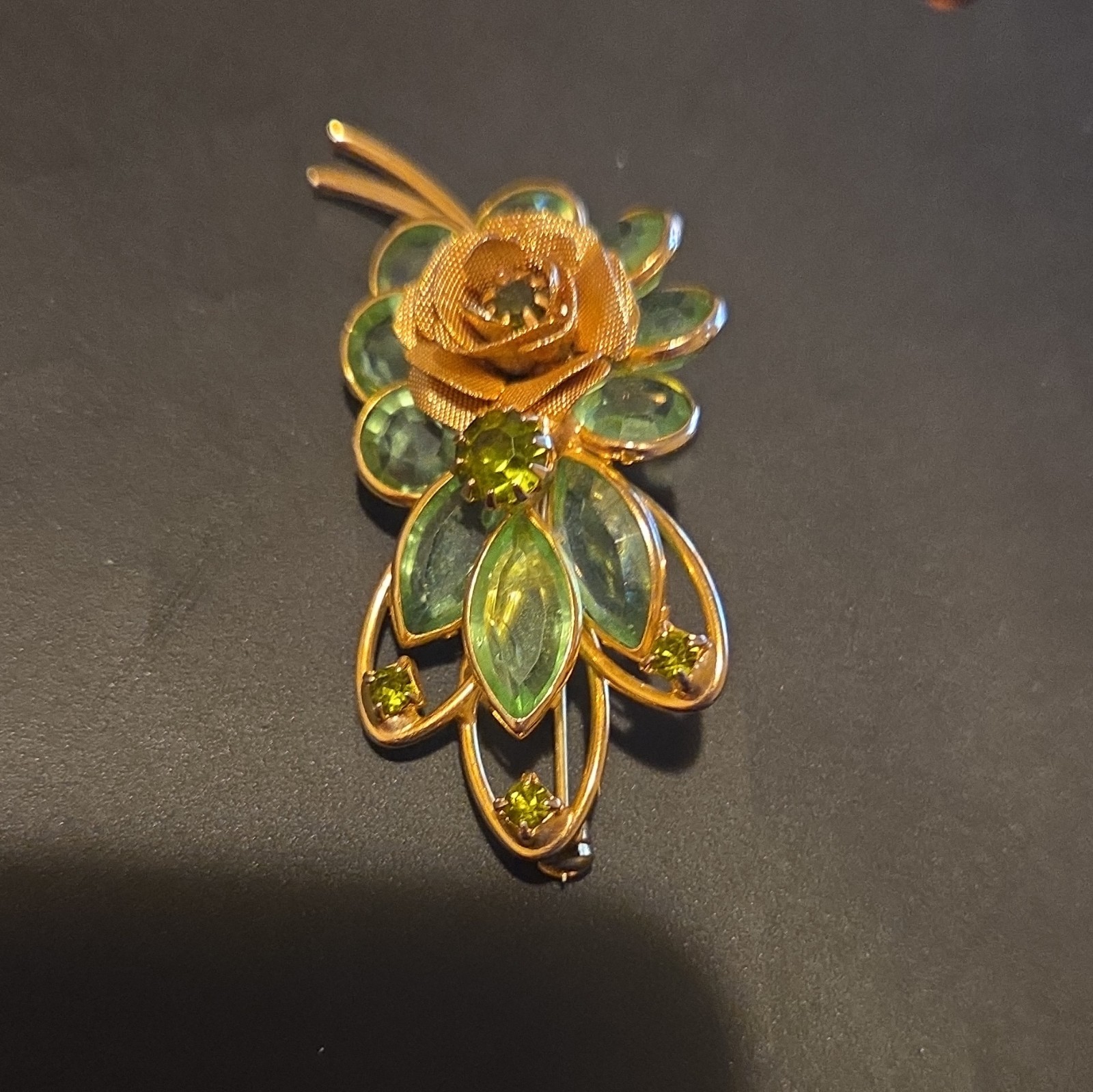 1950 Vintage Signed Hobe Floral Brooch Pin , Green Art Glass Wire Rose