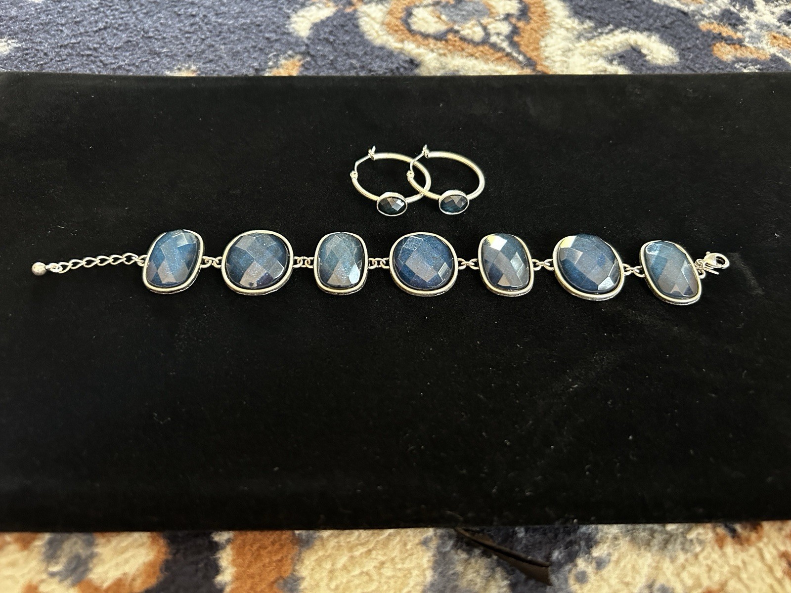 Avon Signed Silver-Tone Blue Faceted Oval Stone Bracelet & Hoop Earrings Set