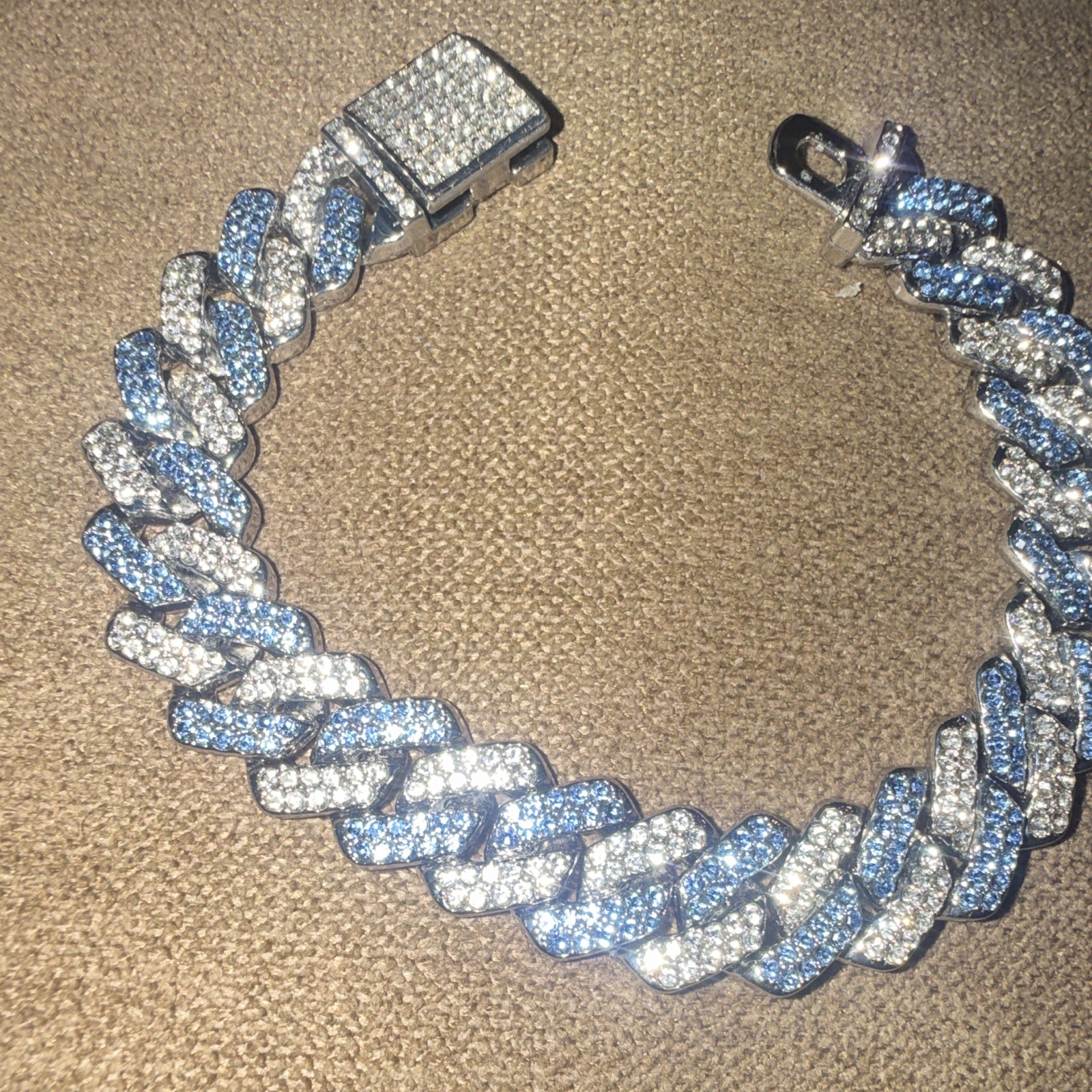 Silver Tone Pavé White moissanite Cuban Link Chain Bracelet Box Clasp
