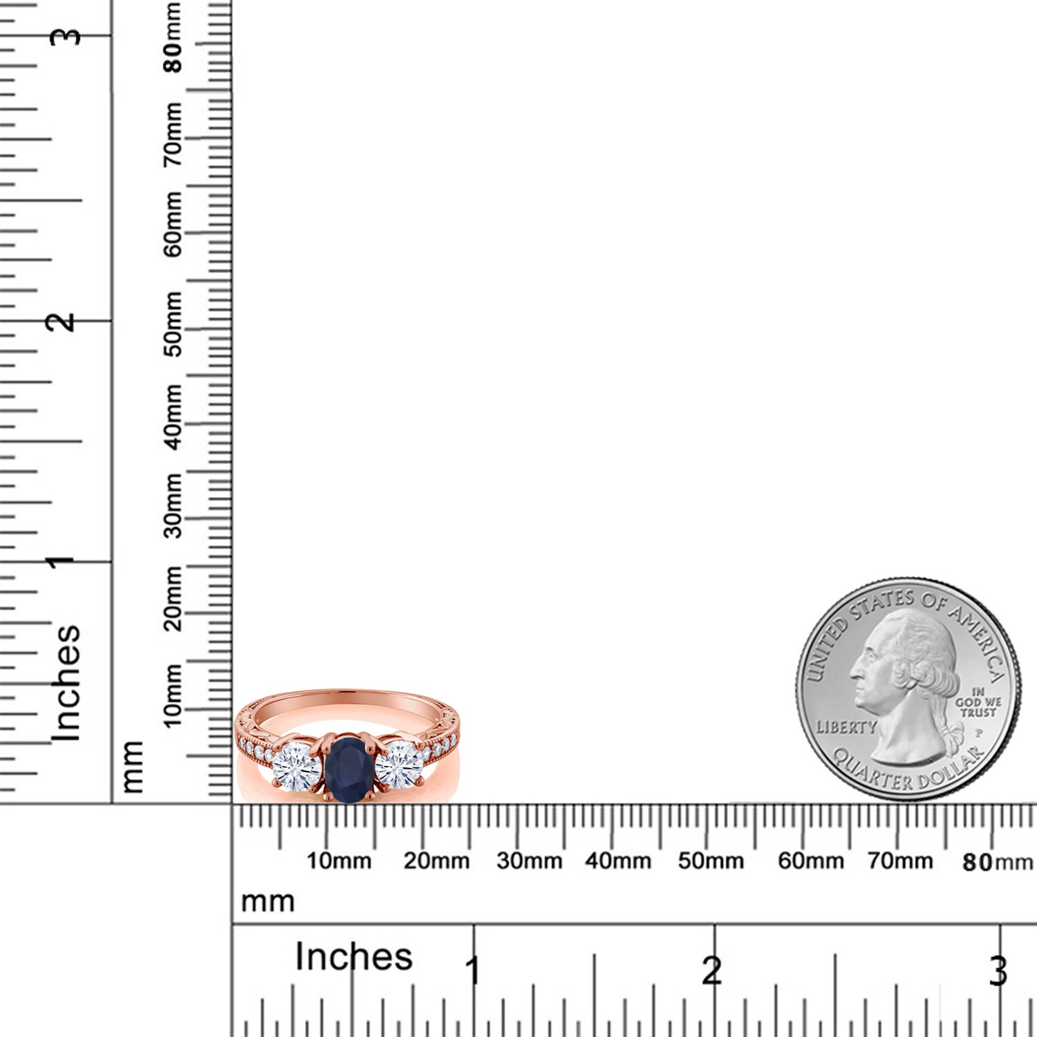 18K Rose Gold Plated Silver 3-Stone Ring Sapphire Moissanite 2.12 Ct