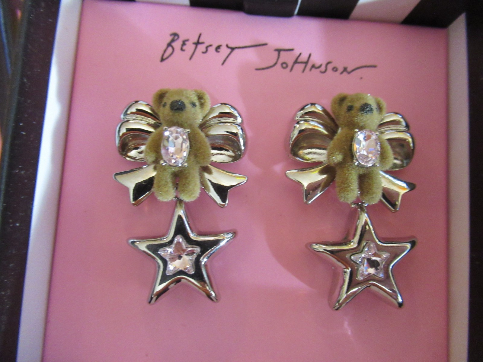 Betsey Johnson Authentic Felted Teddy Bear Star Drop Earrings NIB