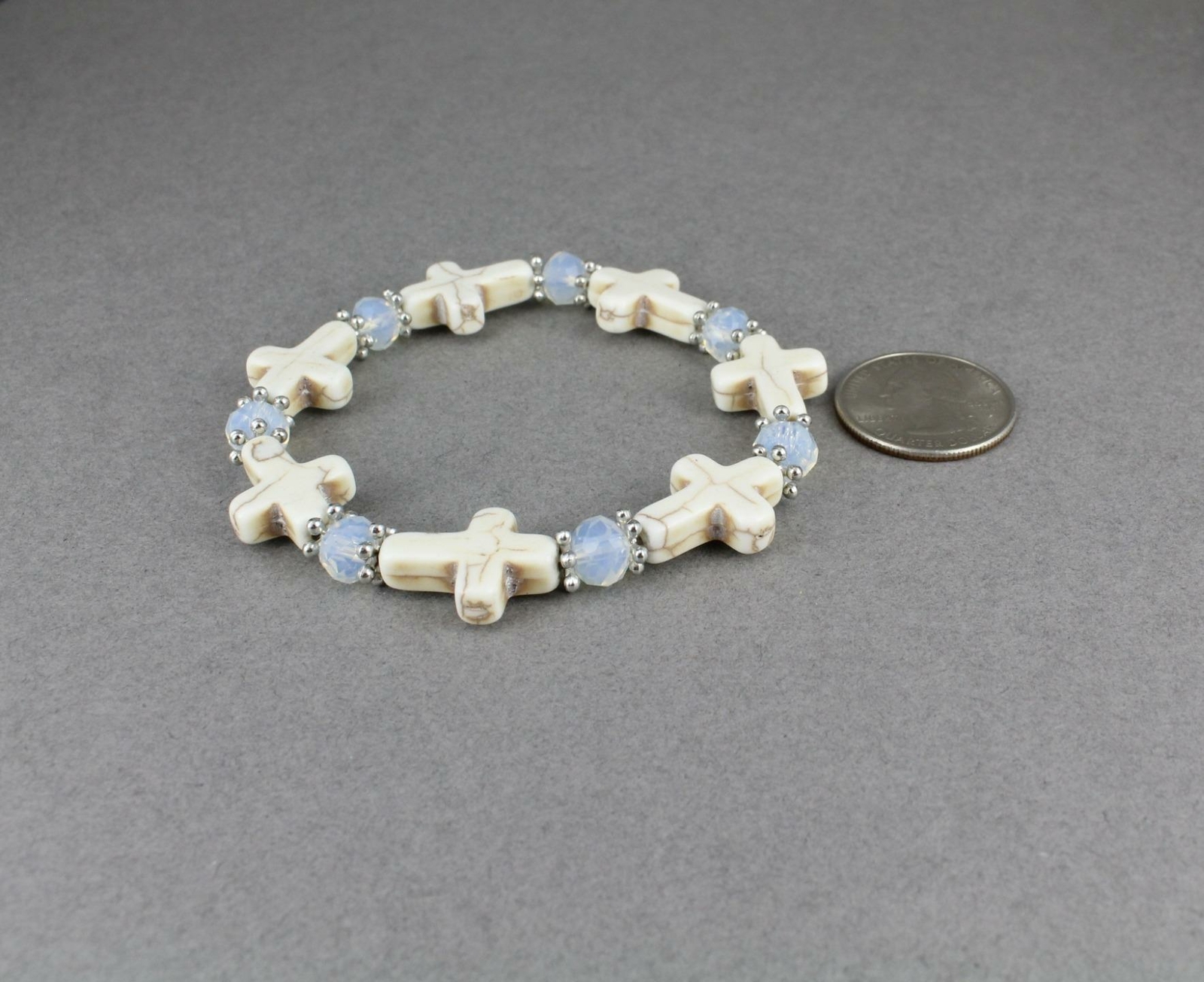 cross bracelet stretch Cream Silver stretchy beaded bracelet