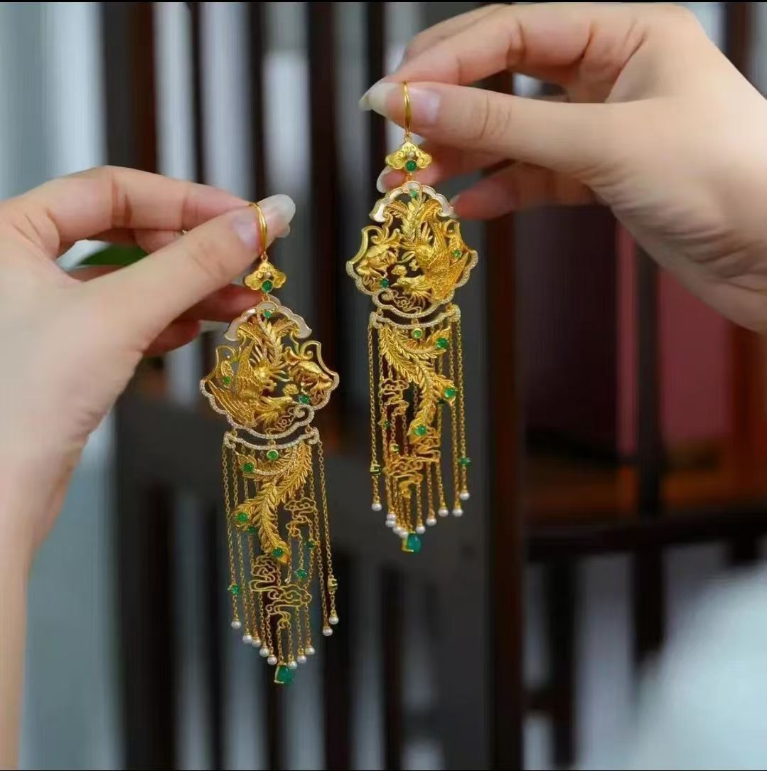 Gold Tone Phoenix Tassel Earrings Chinese Style Peony Flower Vintage Jewelry