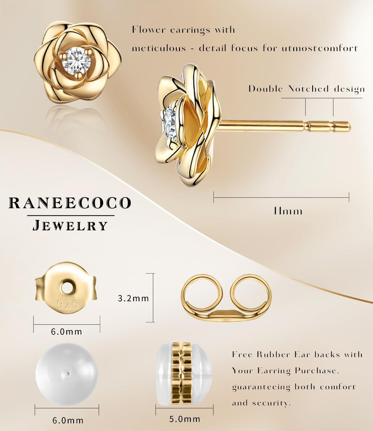 Gold Plated Sterling Silver Rose Flower Earring Studs, Hypoallergenic & Nickel F
