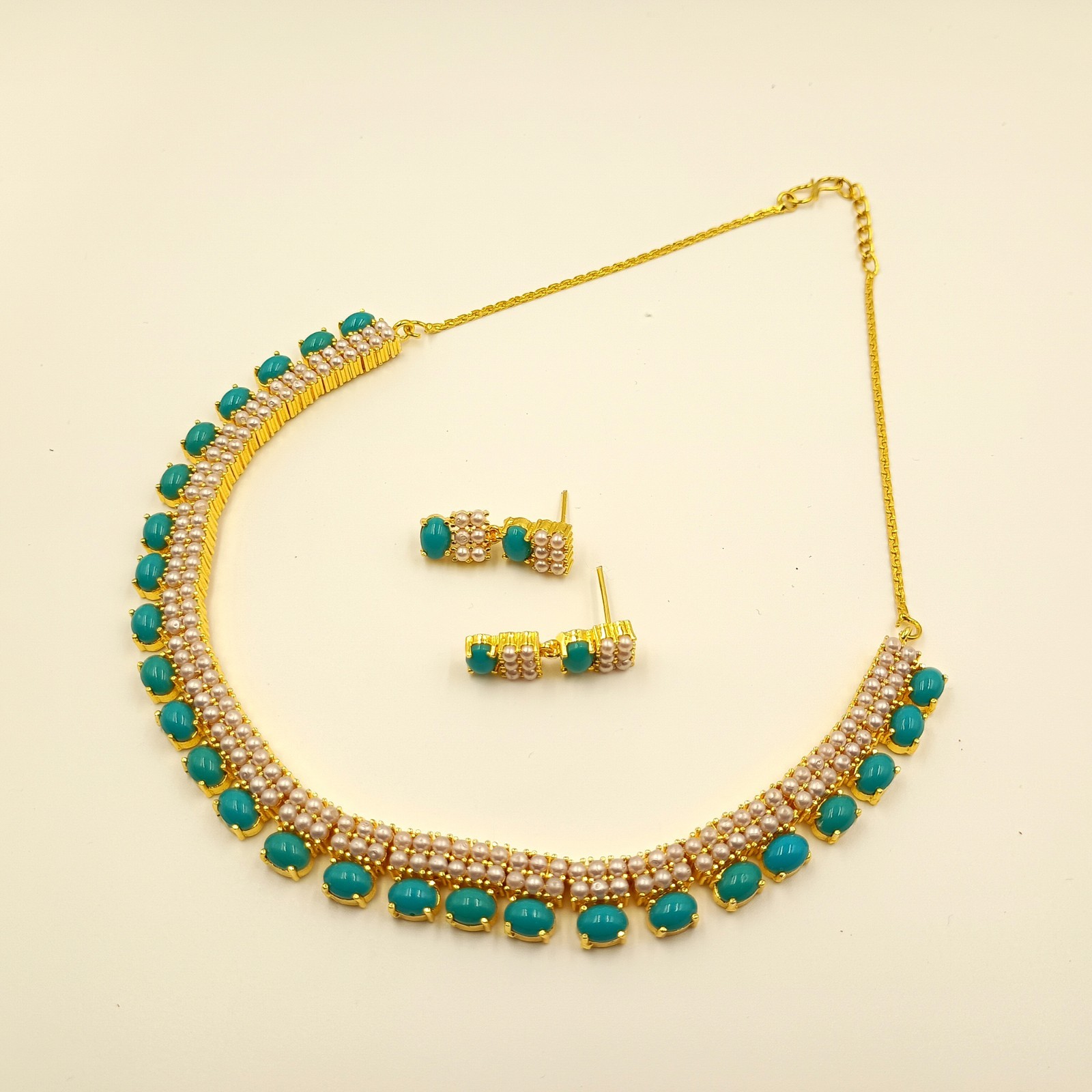Turquoise and Pearl Necklace Set, 22k Gold Plated Choker, South Indian Jewelry