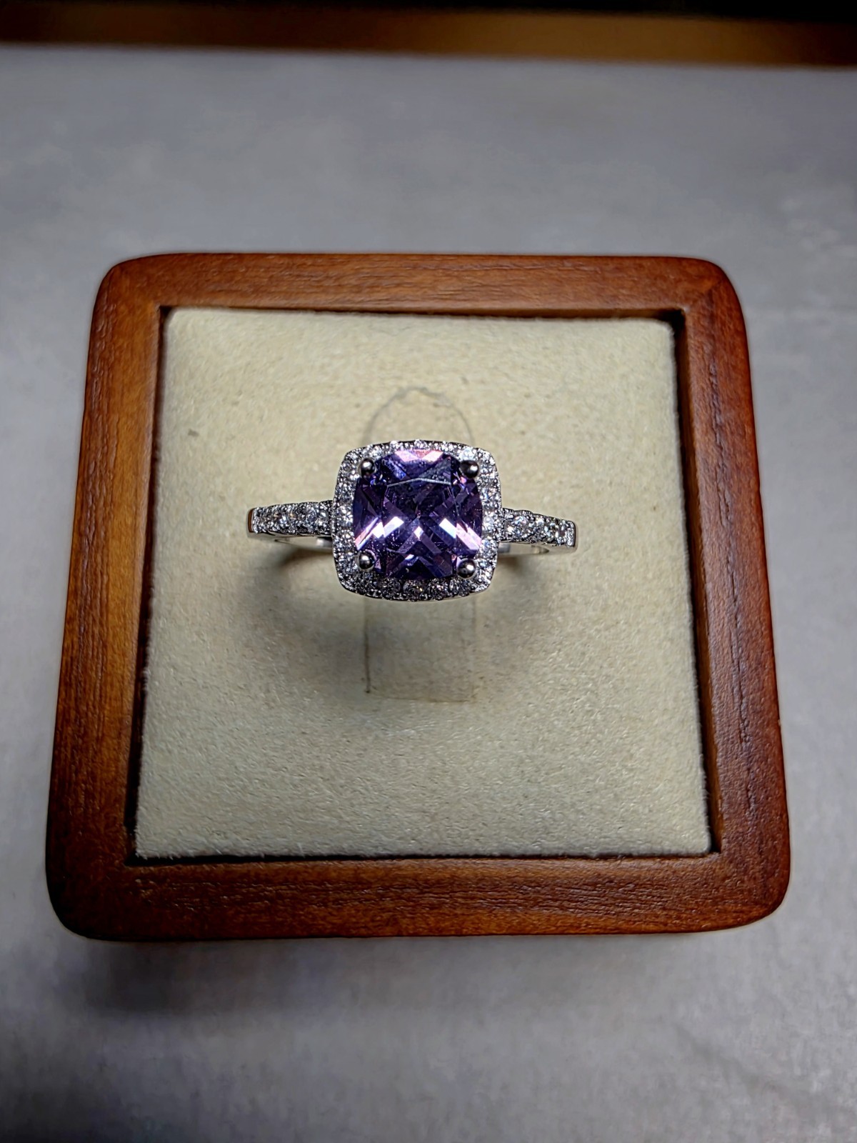 S6 Cushion Purple Amethyst Halo Moissanite Ring 925 Sterling Silver