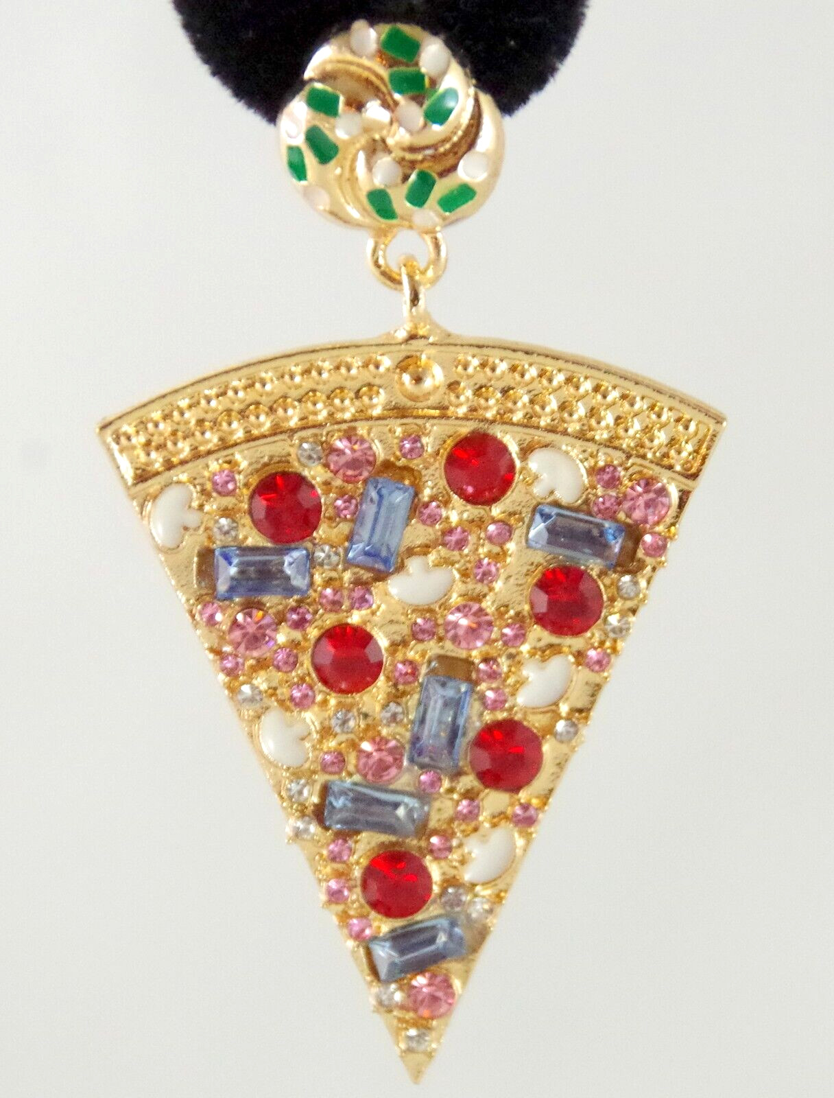 2.25″ BETSEY JOHNSON PIZZA SLICE CRYSTAL RHINESTONE/ ENAMEL DROP DANGLE EARRINGS