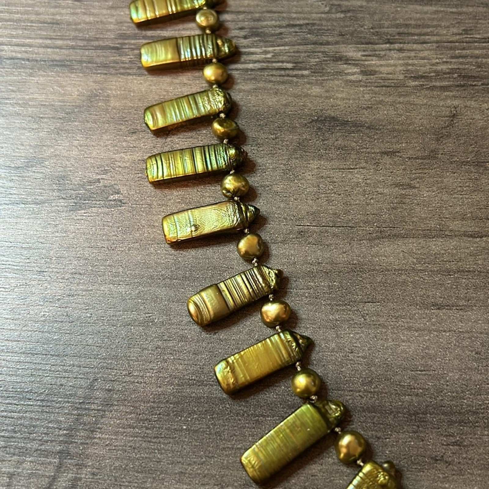 Vintage Green Stick Pearl Statement Necklace #924 hand knotted yellow-green
