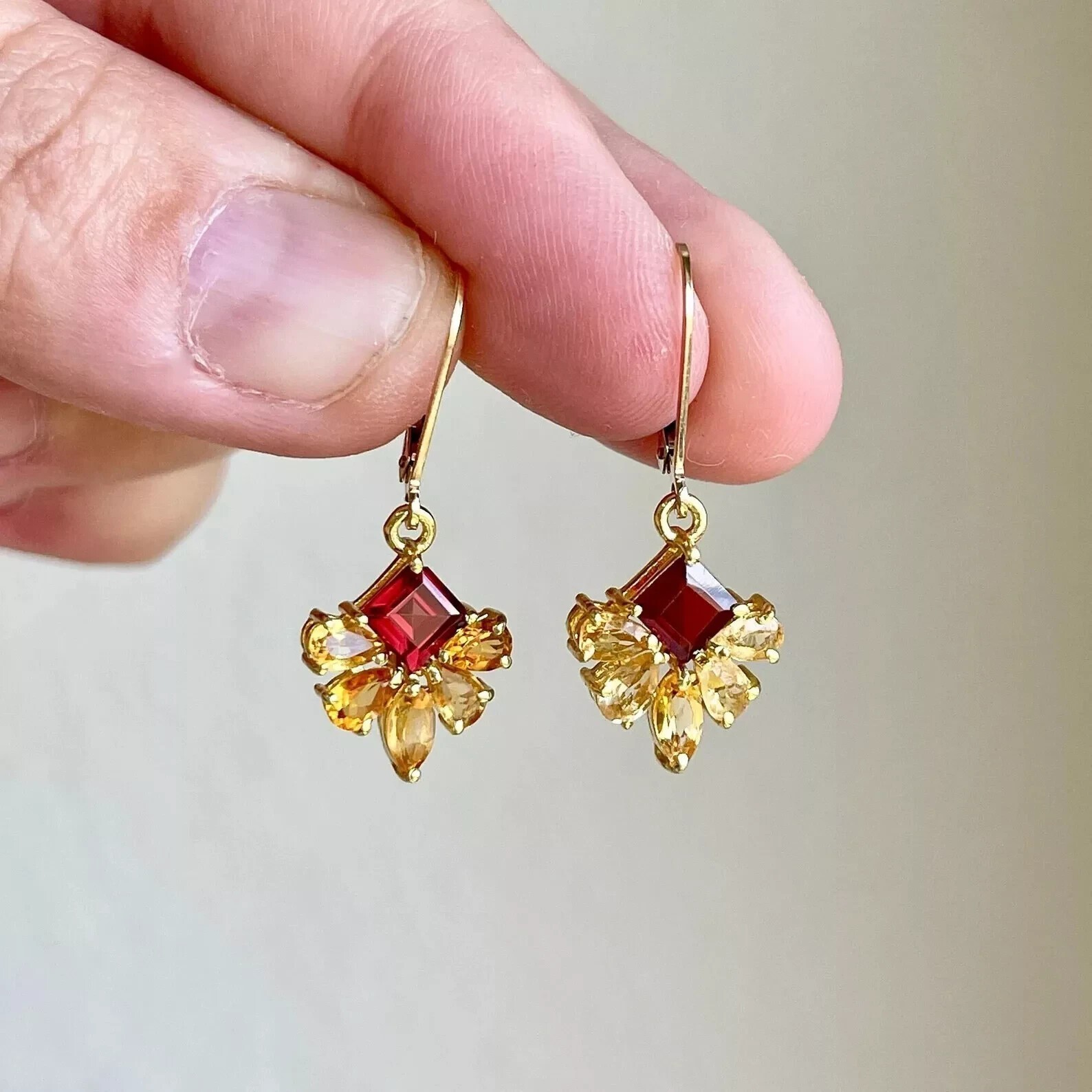 Princess Cut Simulated Red Ruby Women’s Drop Earring In 14K Yellow Gold Plated