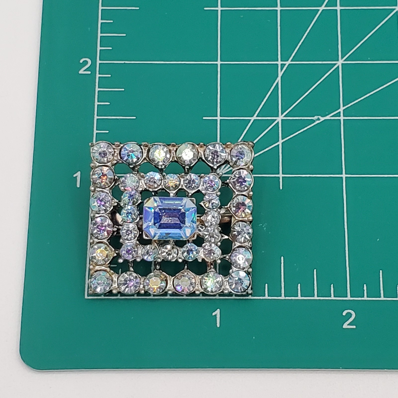 VTG Aurora Borealis Crystal Brooch 1in Square Silver Tone Blue Layered AB Pin