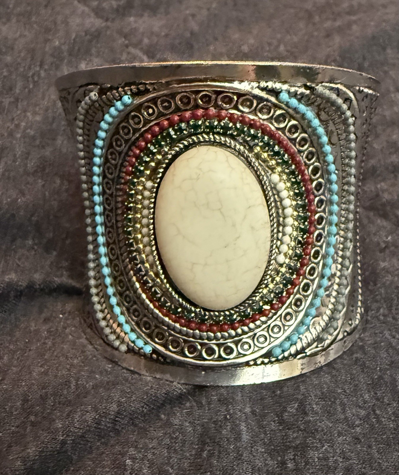 Silver Tone Wide Cuff Bracelet Oval White Cabochon Bezel Blue/Red Accents