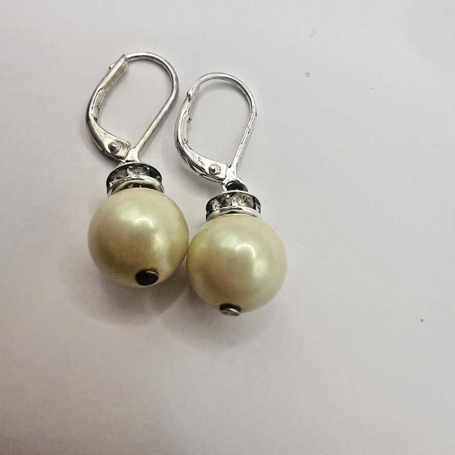 Elegant Pearl Drop Leverback Earrings Rhinestone Rondelles Accents Silver Bridal