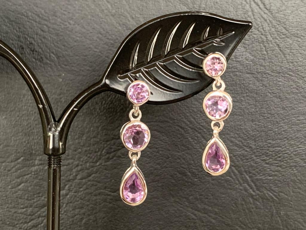 925 Sterling Silver Amethyst Earrings Multi 3 Gemstones Round Teadrop Earrings