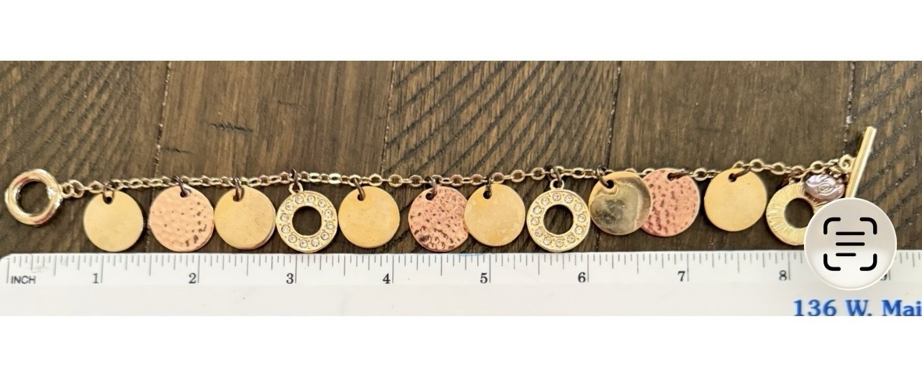 Gold & Rose Gold Tone Charm Cable Chain Bracelet Toggle, Pavé Rhinestones 8in