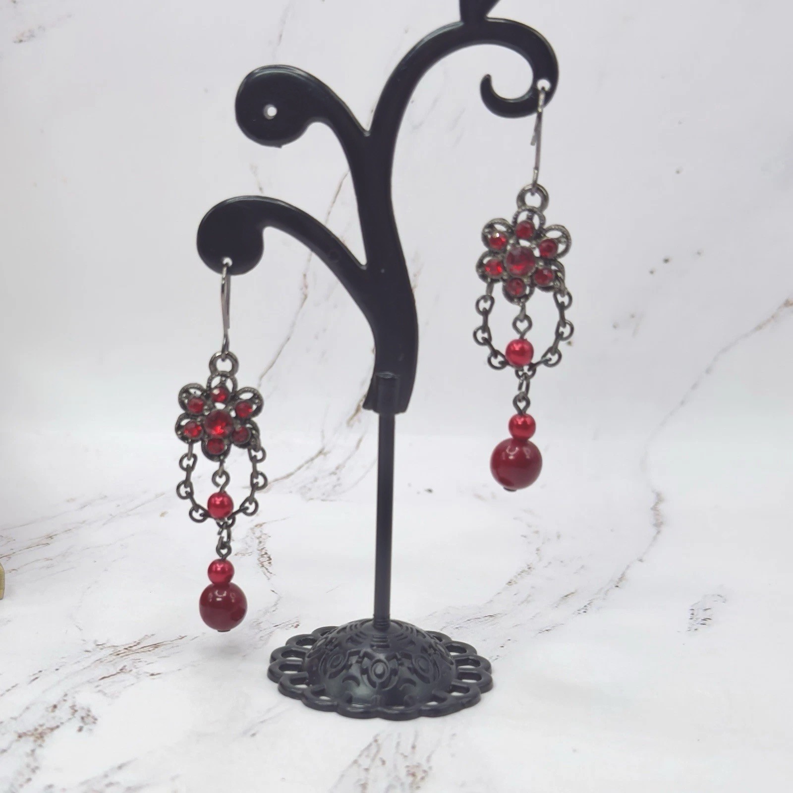 Vintage Inspired Red Rhinestone Filigree Chandelier Dangle Fashion Earrings