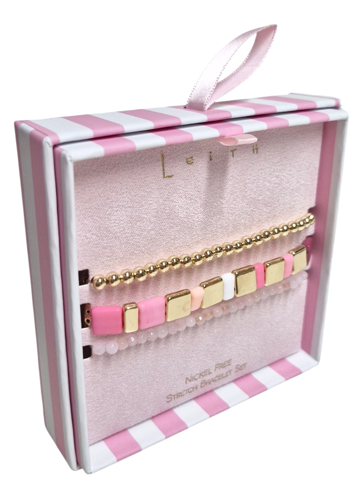 Leith Layered Stretch Bracelet Set of Three Pink White Goldtone Multi-Color NIB