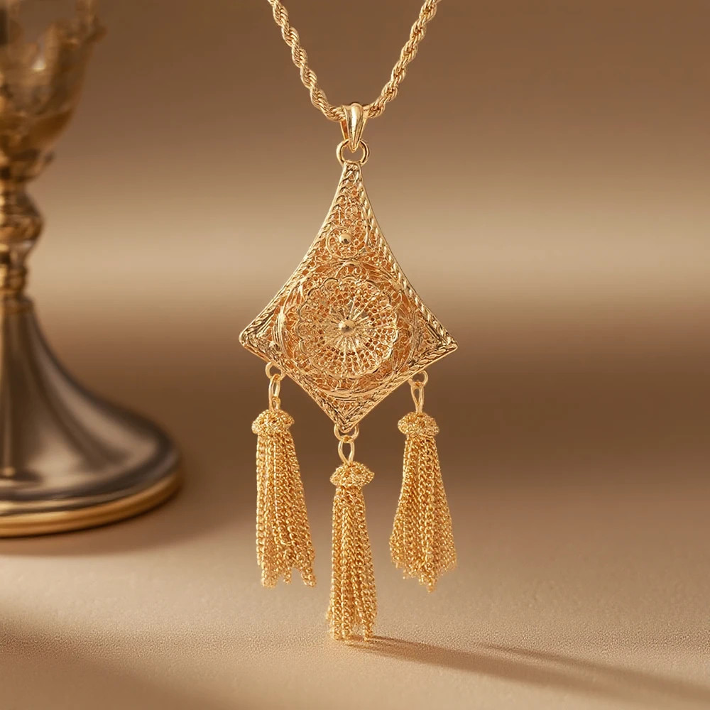 Gold Plated Algerian Women’s Classic Long Chain Tassel Pendant Necklace for Brid