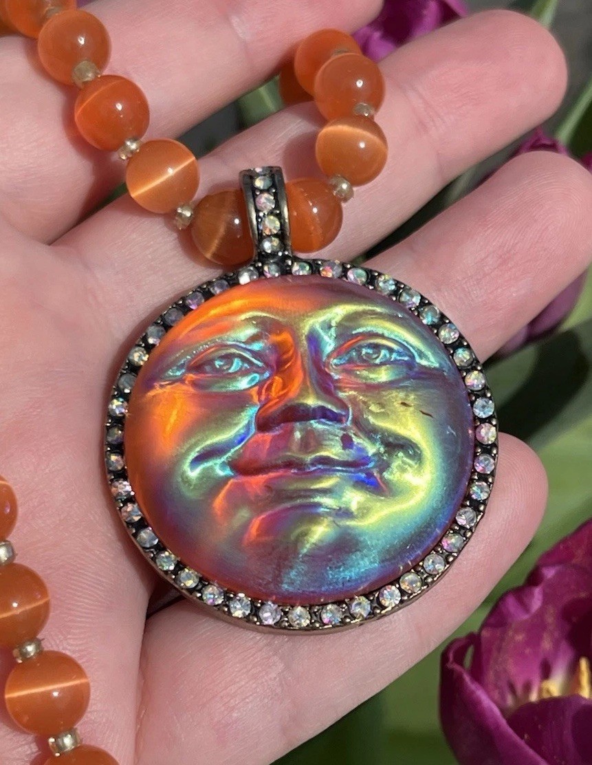 Kirk’s Folly Style Inspired Sea view Moon Face Orange Glow Necklace Rhinestone