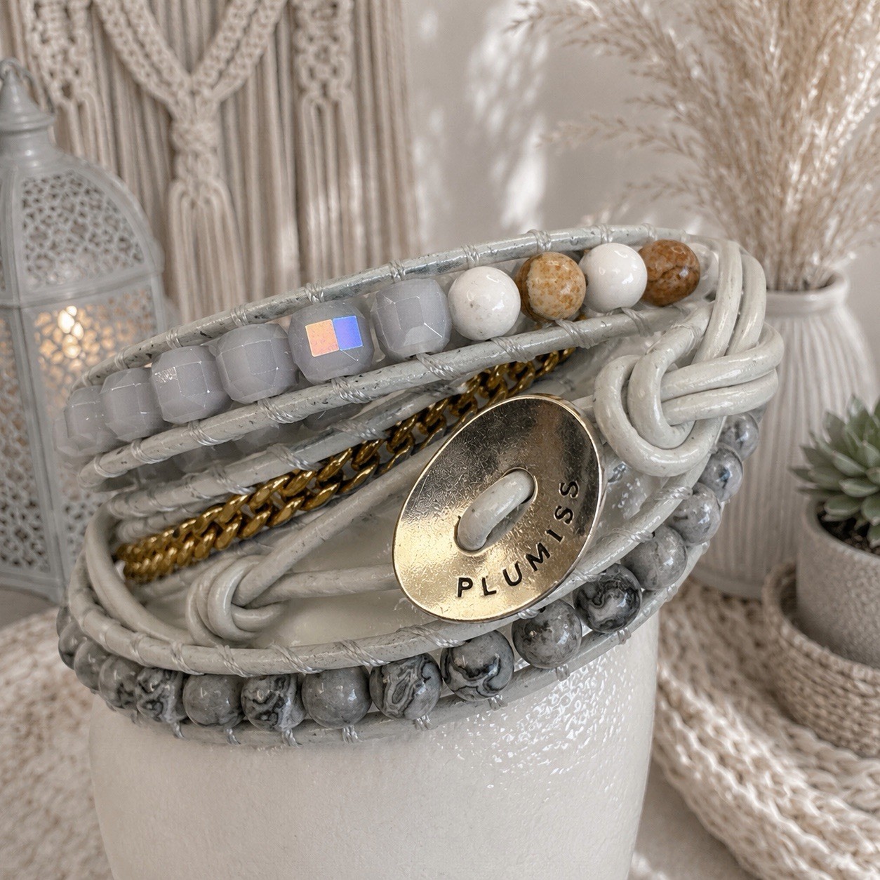 Plumiss Boho Wrap Druzy Bracelet 35” Layered White And Gray Mixed Beads