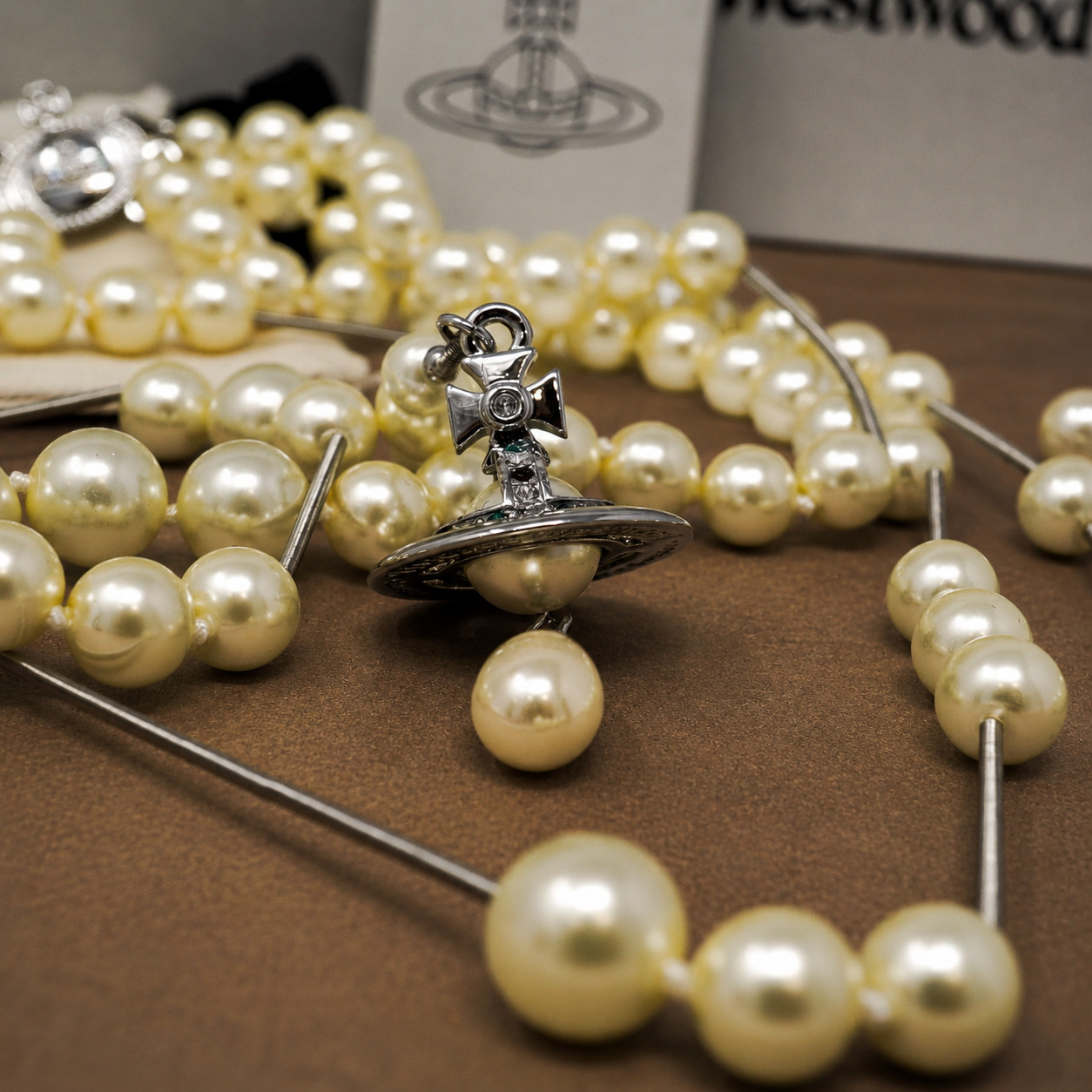 Vivienne Westwood Necklace Bas Relief Long Row Pearl 3D Silver Orb Pendant & Box
