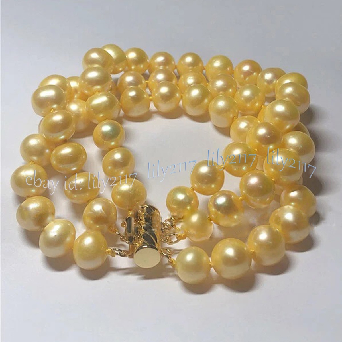 3 Rows 9-10mm Natural Yellow Gold Baroque South Sea Pearl Beads Bracelet 8 inch