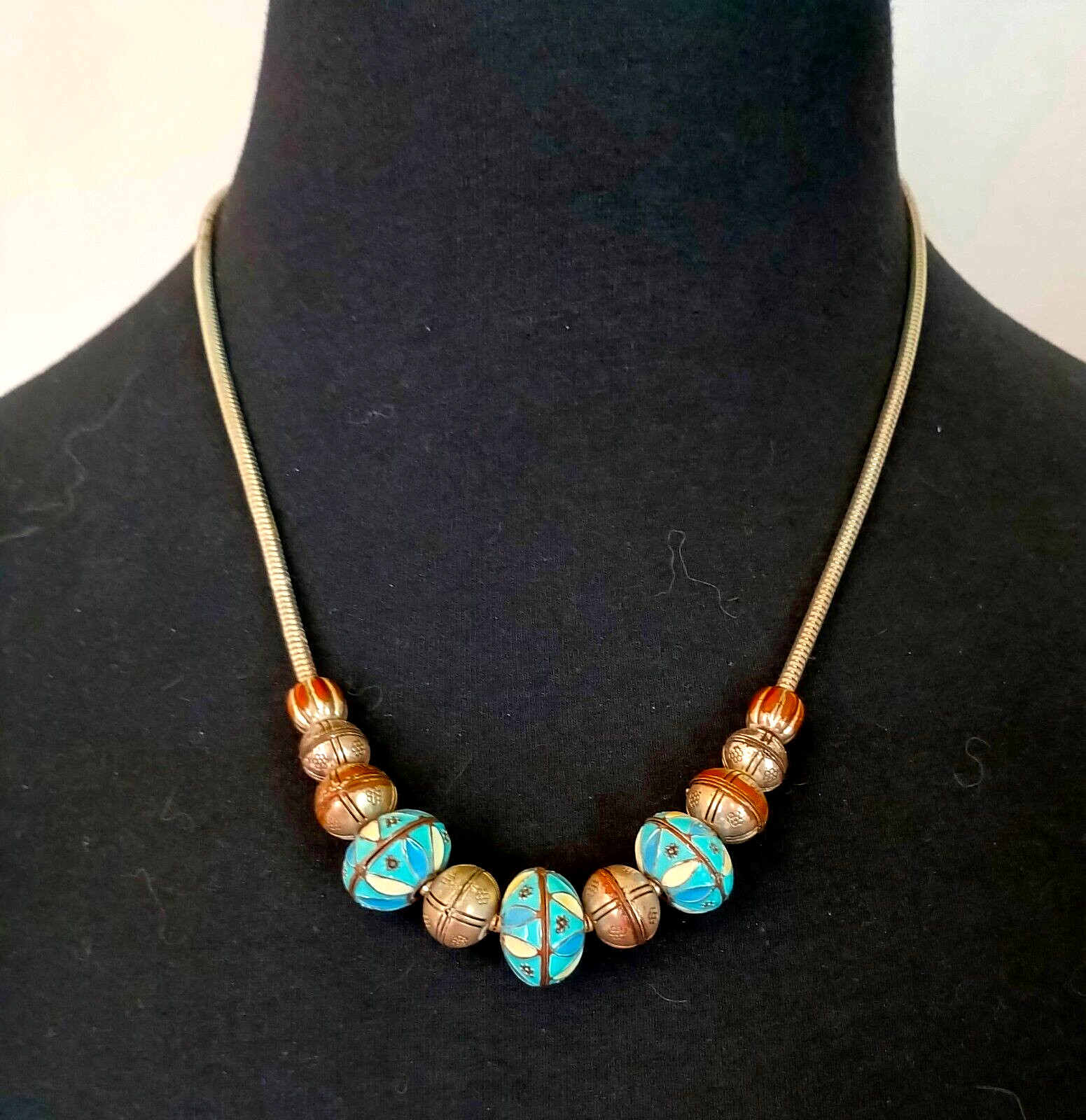 Vintage Fashion Necklace Pretty Enameled Metal Beads on a Silver Tone Chain