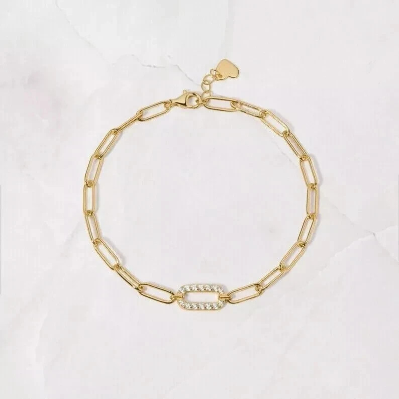 1Ct Round Cut Simulated Diamond Women Paper Link Bracelet 14K Yellow Gold Plated