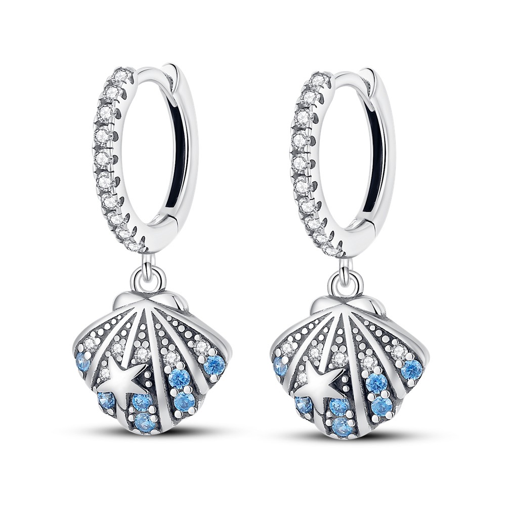 PANDACH 925 Sterling Silver CZ Accents Ocean Shell Drop Hoop Earrings For Women