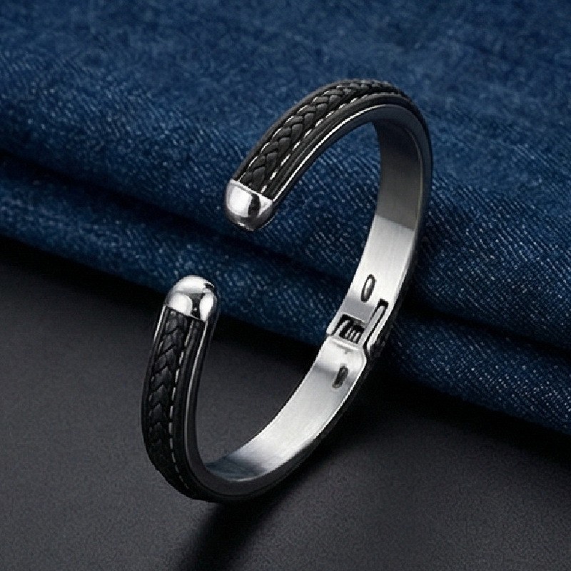 Unique Woven leather stainless steel C-shaped open Cuff Bangle Bracelet For Mens