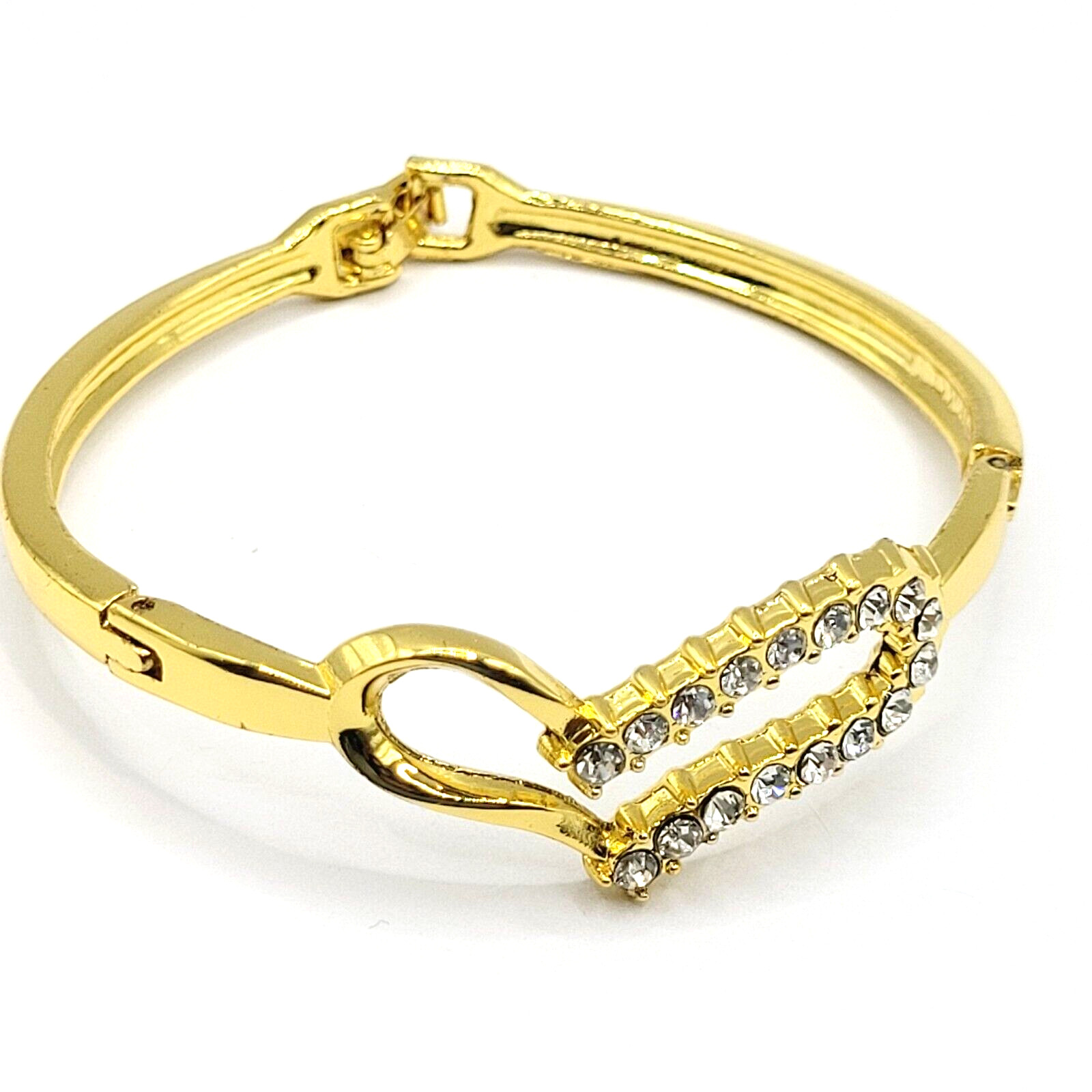 Austrian Crystal Rhinestones Modern Art Deco Heart Bracelet Gold Tone 8 Inch