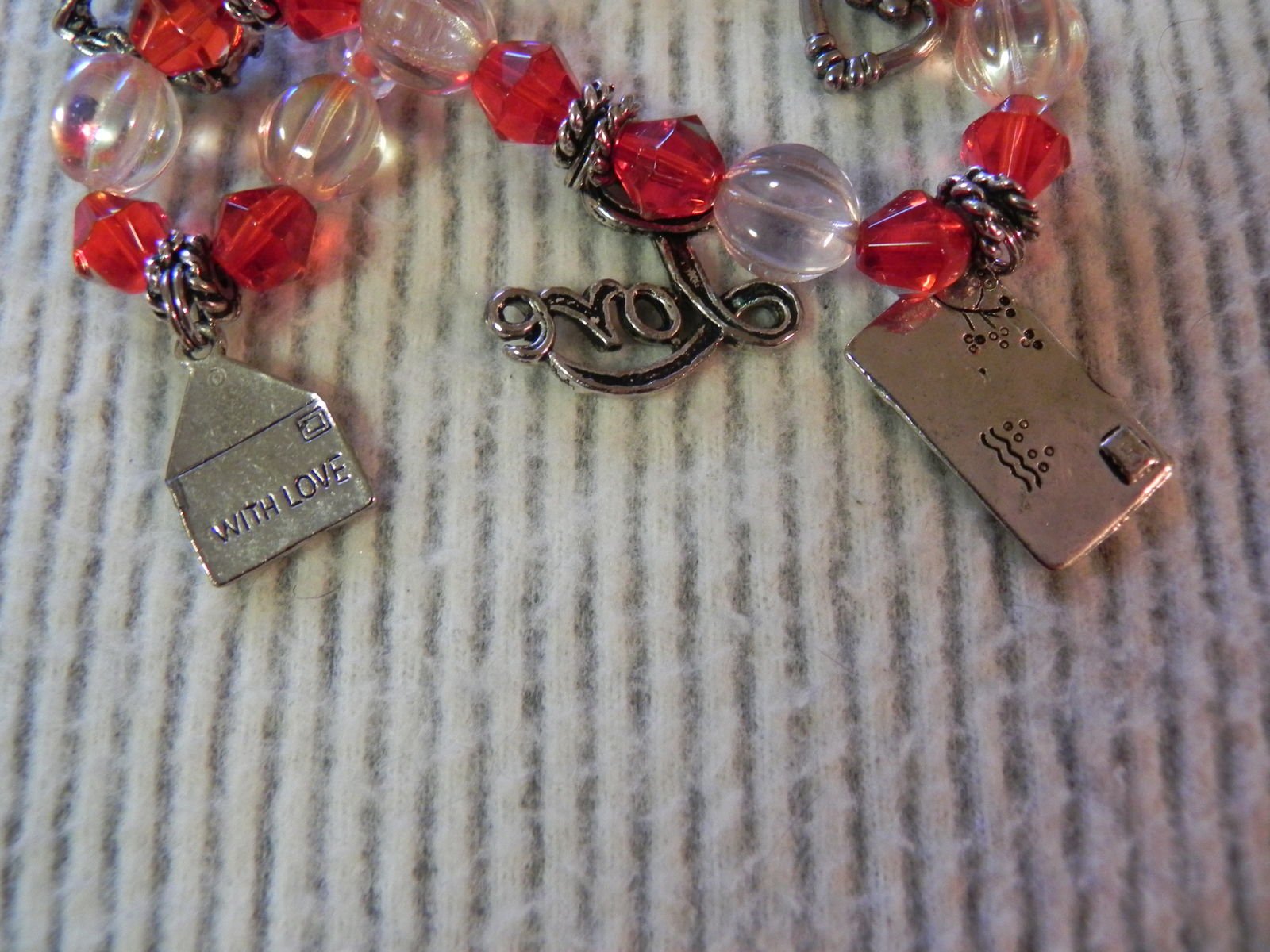 Red charm bracelet Beaded Valentines Love Letters Hearts AB crystal beads NICE