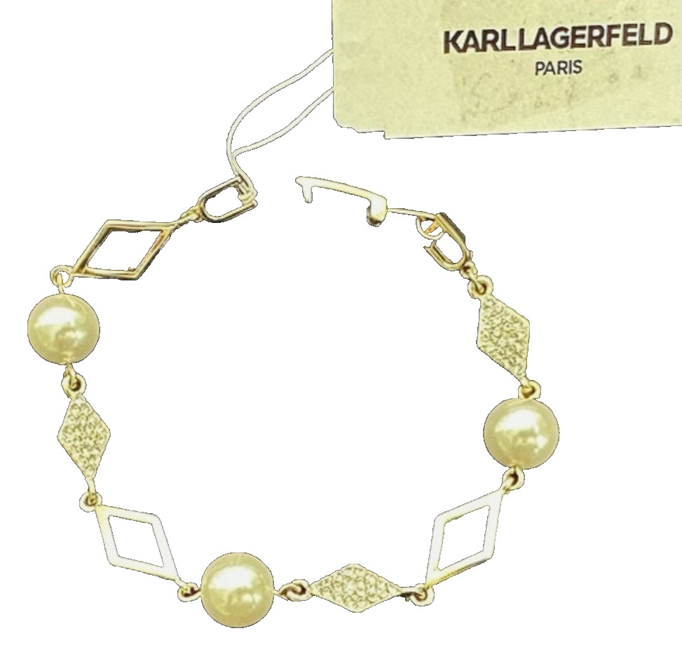 Karl Lagerfeld Paris Bracelet Gold-Tone Crystal Diamond Shape Link/FX Pearl NWT