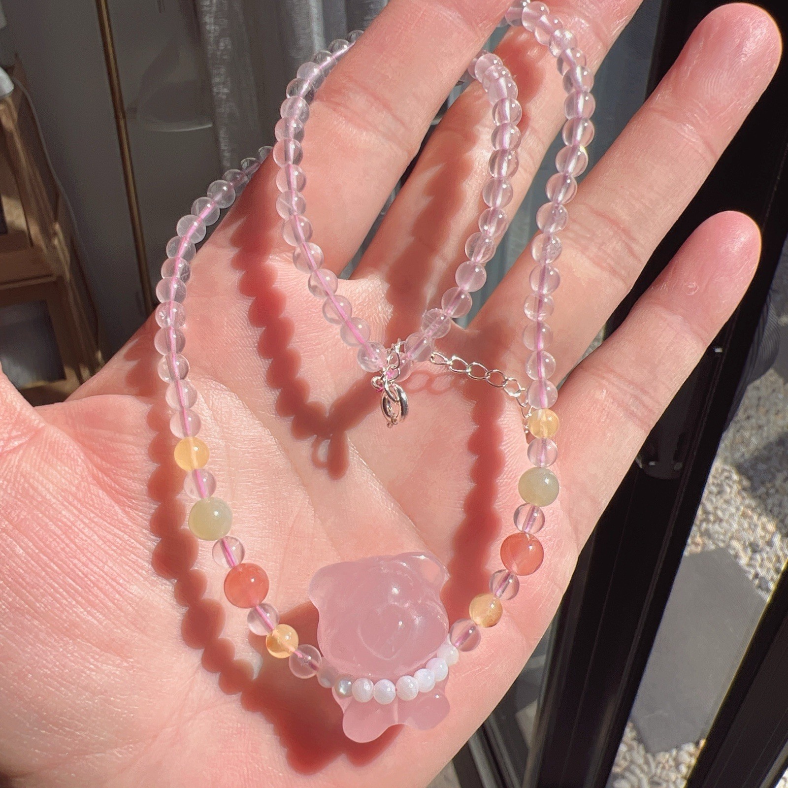 Good Quality Natural Rose Quartz Crystal Beaded Necklace With Bear Pendant