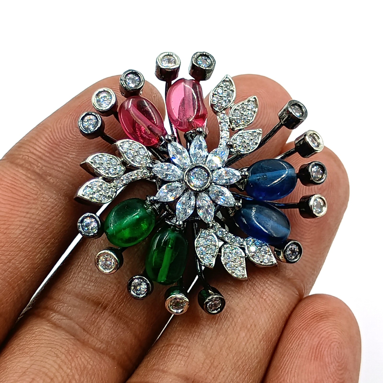 Handmade Multi Stone Ring Adjustable Cubic Zirconia Black Rhodium Plated Boho