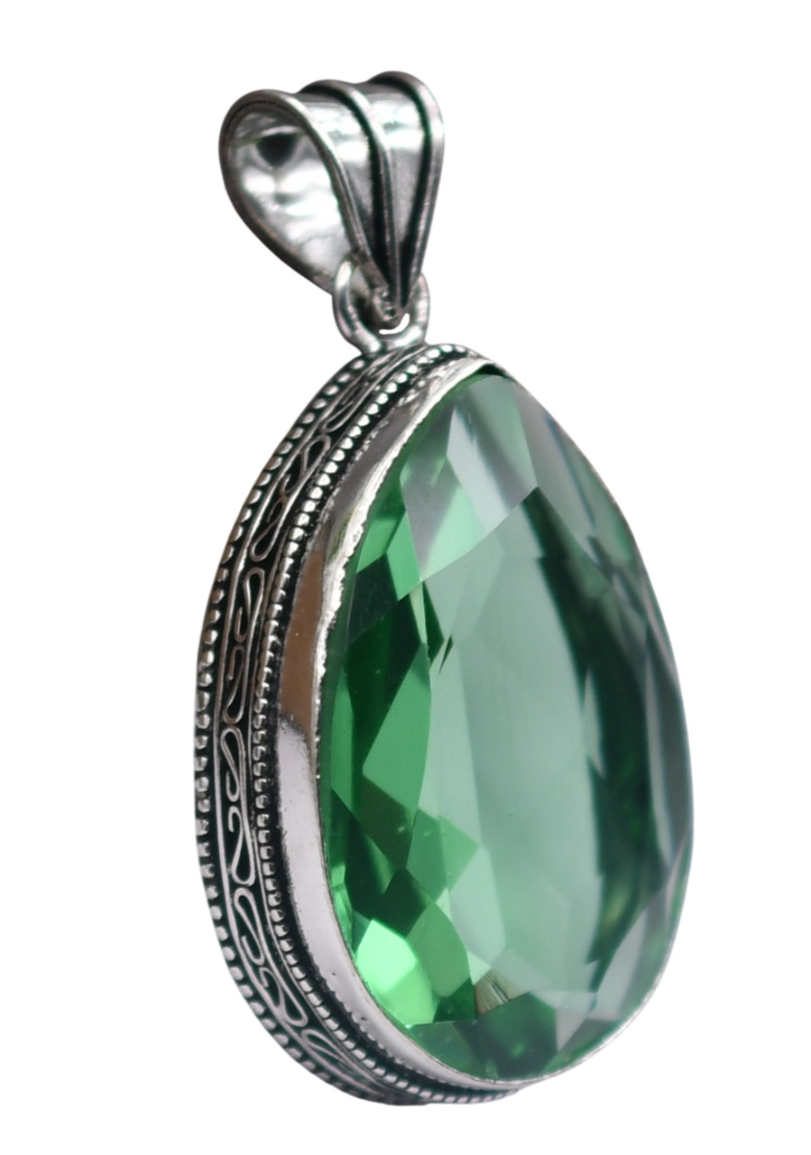 Green Tourmaline Hydro Gemstone Antique Silver Plated Pendant 2″ J2042