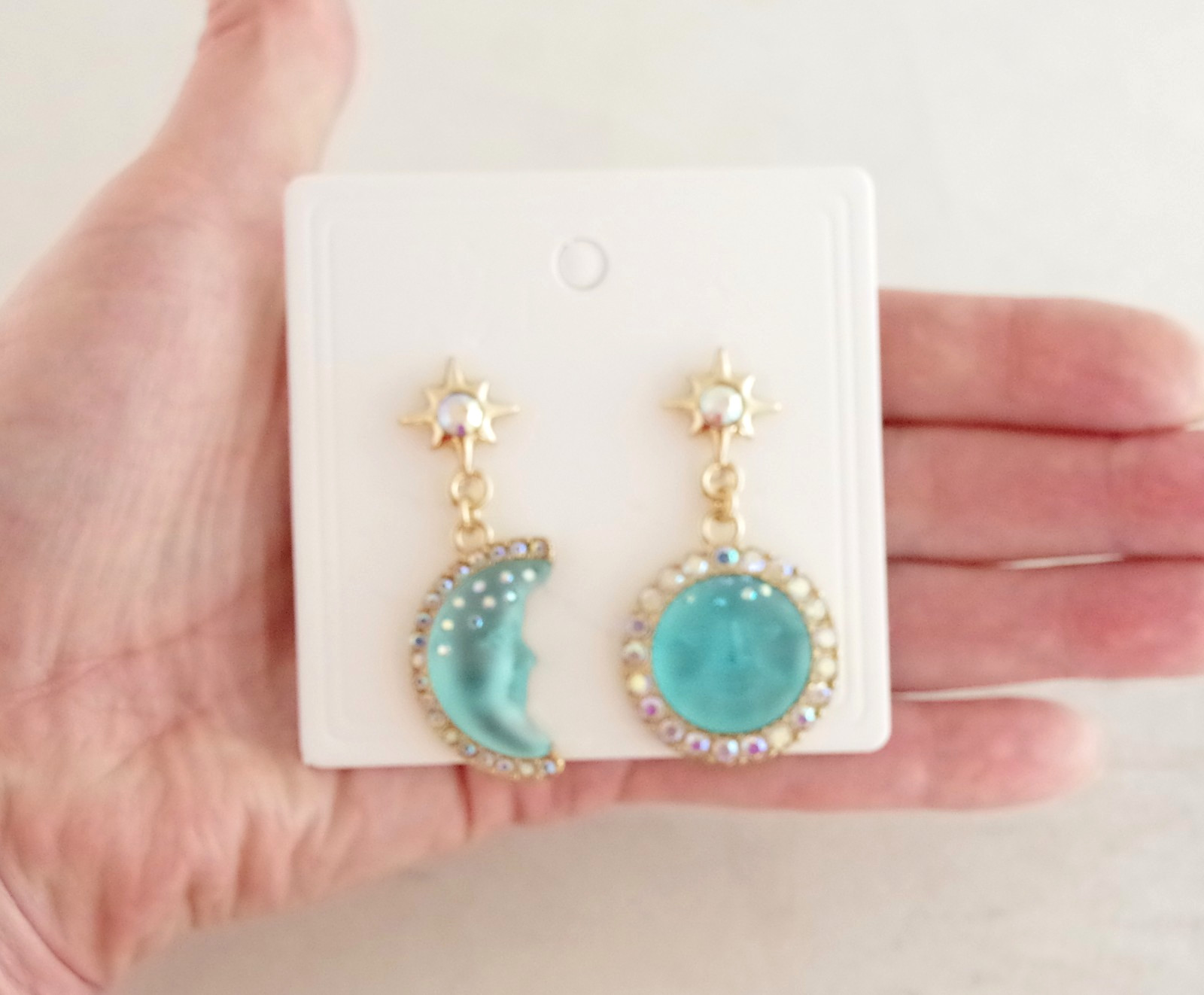 2″ KIRKS FOLLY BLUE SEAVIEW MOON FACE AB CRYSTAL RHINESTONE DROP DANGLE EARRINGS