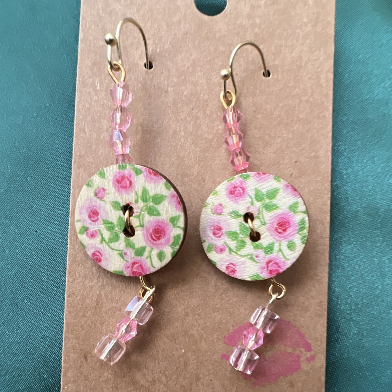 Pink Floral Round Disc Wood Beaded Dangle Drop Hook Earrings Green White