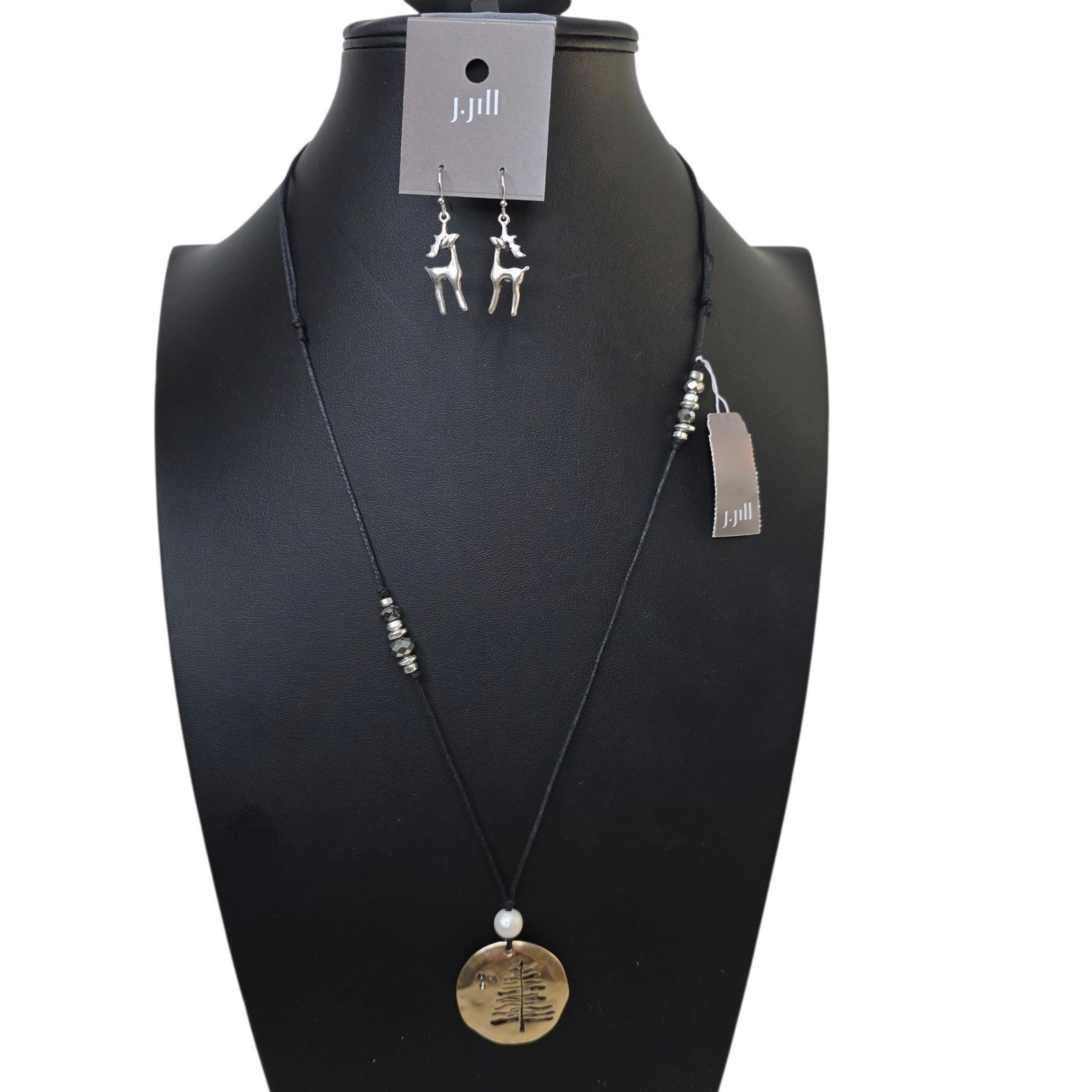 J Jill Winter Holiday Necklace Earring Set Reversible Reindeer Pine Tree NWT