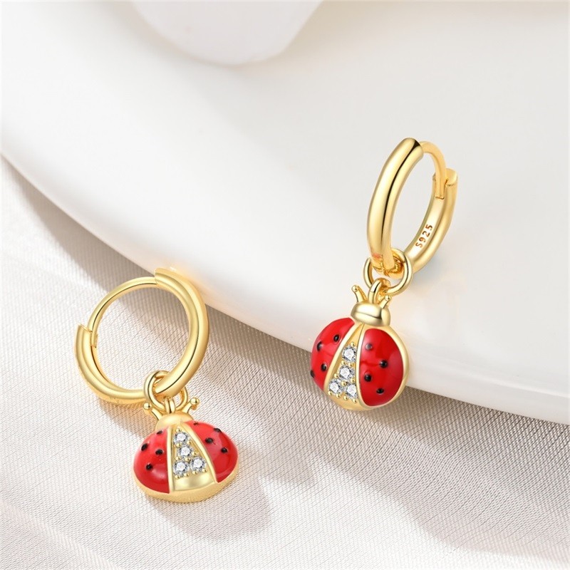 PANDACH 925 Sterling Silver Gold Plated Ladybug Drop Earrings For Women Jewelry