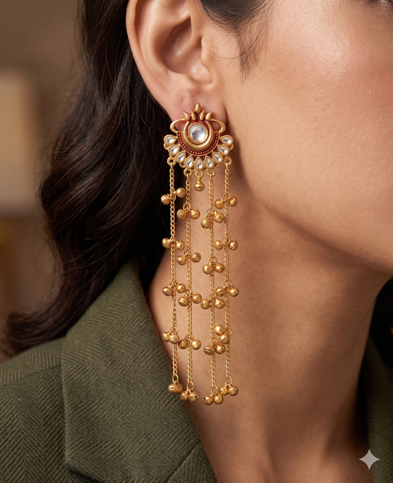 Indian Traditional Gold Plated Jhumka kashmiri Earrings Long Chain Ghungroo Drop